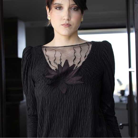 VTG 80s New Leaf by Samir Black Dress Sheer Floral Yoke, Puff Shoulders. Ruched. - Picture 2 of 9